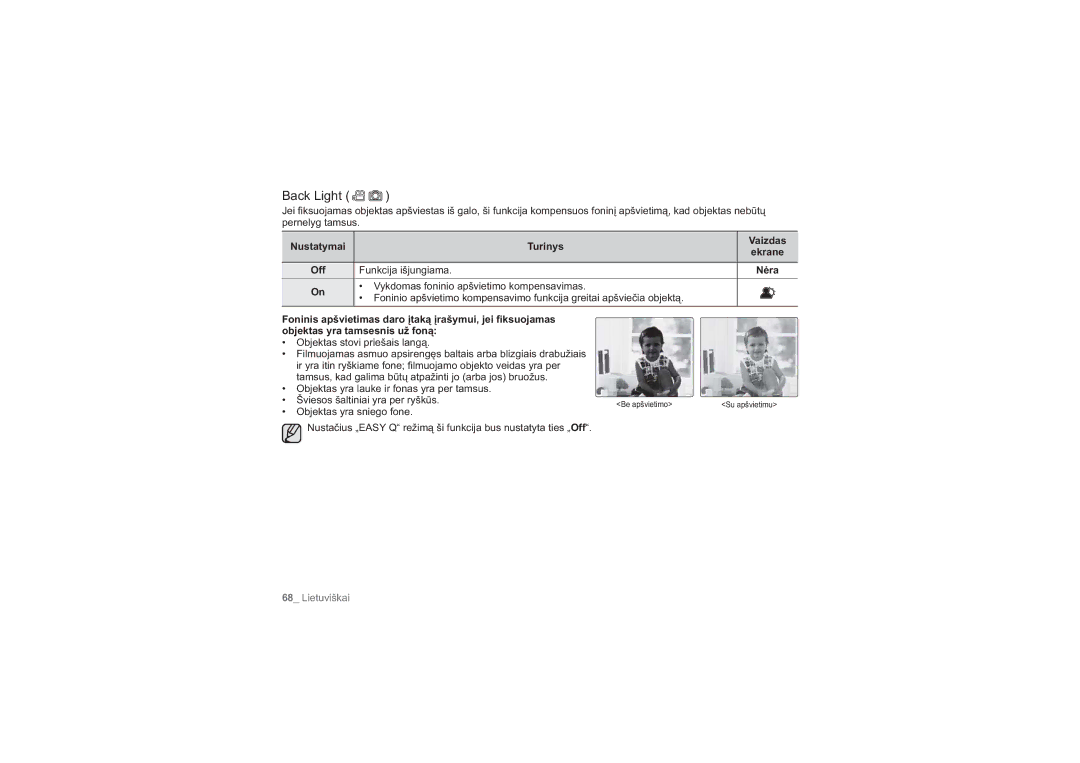 Samsung HMX-H104BP/XEB, HMX-H100P/XEB manual Back Light, Funkcija išjungiama, Off 