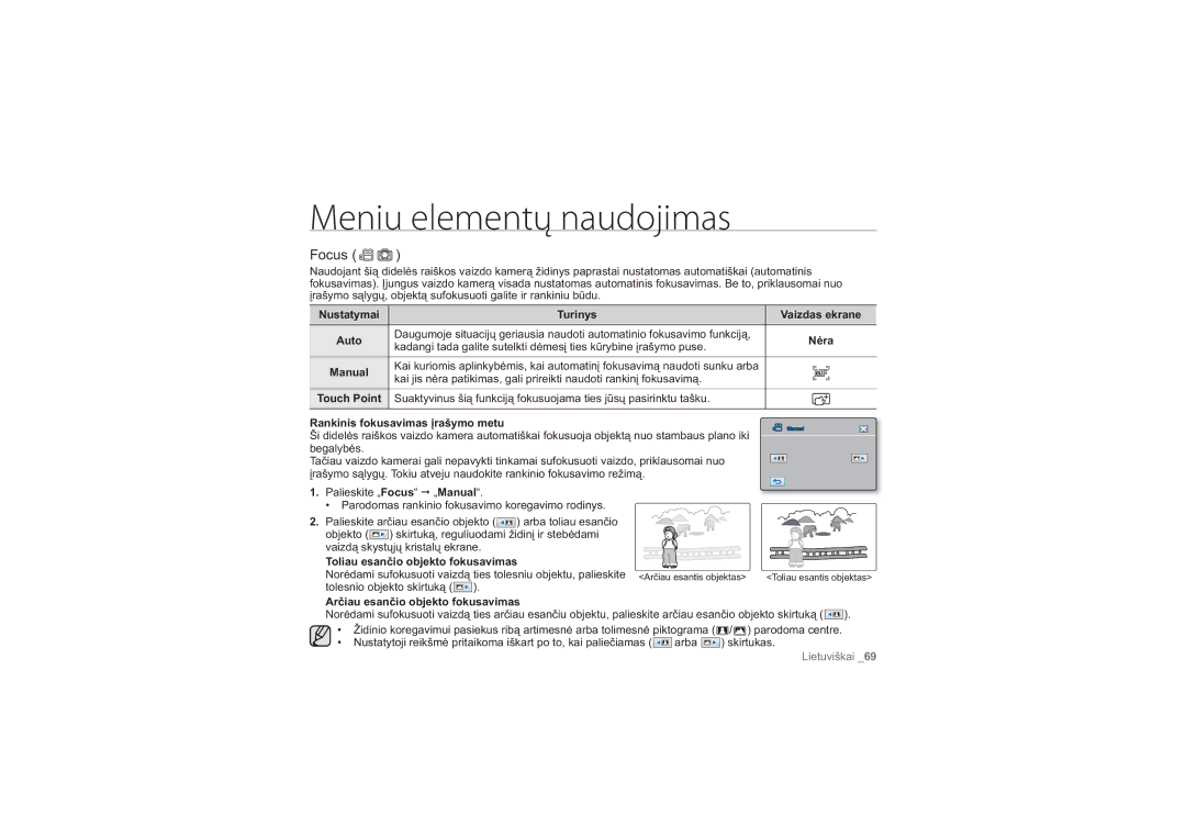 Samsung HMX-H100P/XEB, HMX-H104BP/XEB manual Focus, Nustatymai Turinys Vaizdas ekrane, Rankinis fokusavimas įrašymo metu 