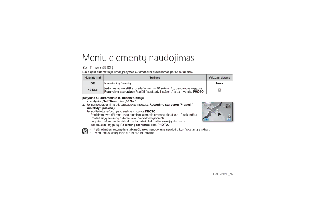 Samsung HMX-H100P/XEB, HMX-H104BP/XEB manual Self Timer, 10 Sec 