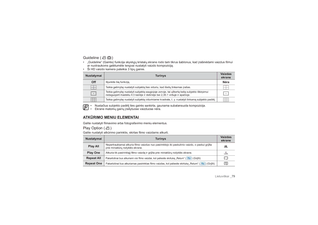 Samsung HMX-H100P/XEB, HMX-H104BP/XEB manual Guideline, Atkūrimo Meniu Elementai, Play Option 