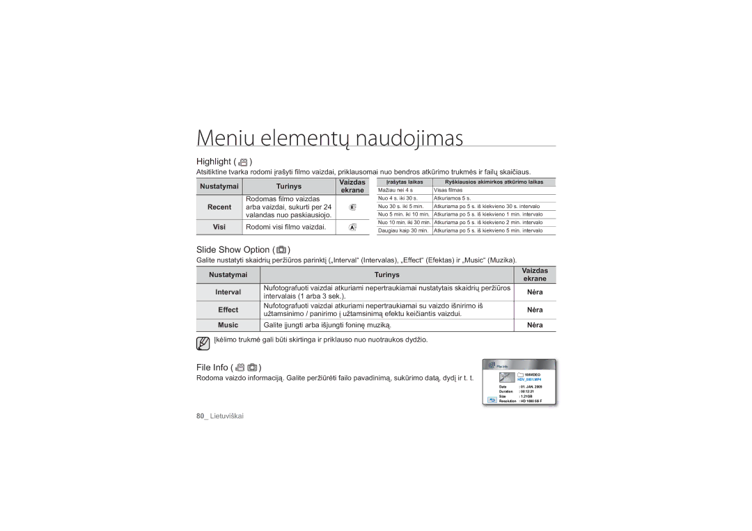 Samsung HMX-H104BP/XEB, HMX-H100P/XEB manual Highlight, Slide Show Option, File Info 