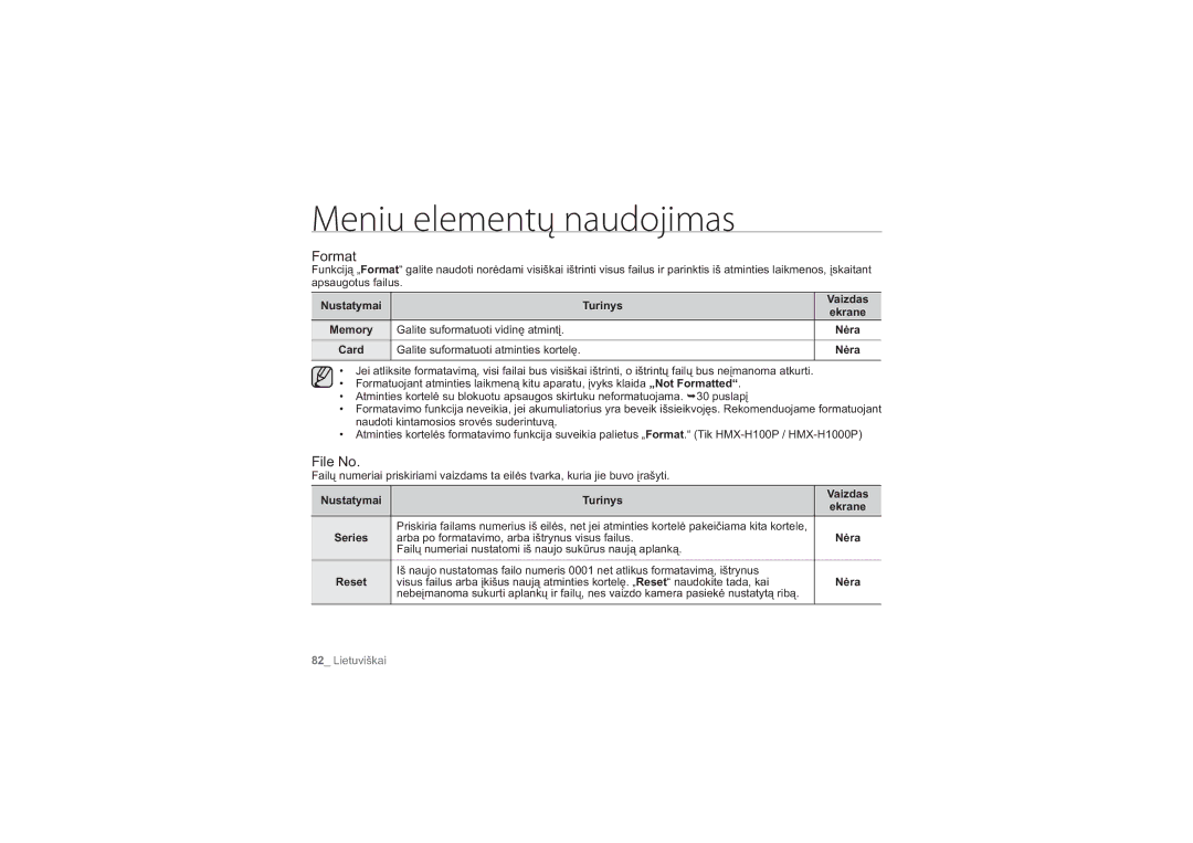 Samsung HMX-H104BP/XEB manual Format, File No, Galite suformatuoti vidinę atmintį, Galite suformatuoti atminties kortelę 