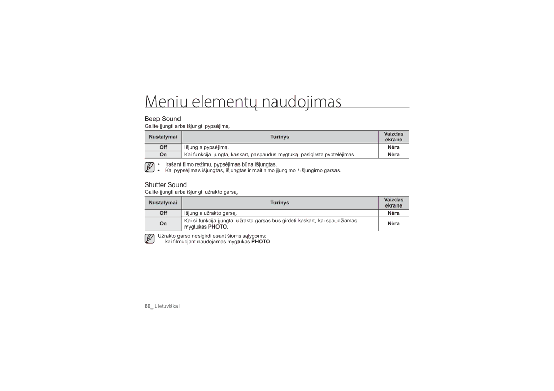 Samsung HMX-H104BP/XEB manual Beep Sound, Shutter Sound, Išjungia pypsėjimą, Išjungia užrakto garsą, Mygtukas Photo 