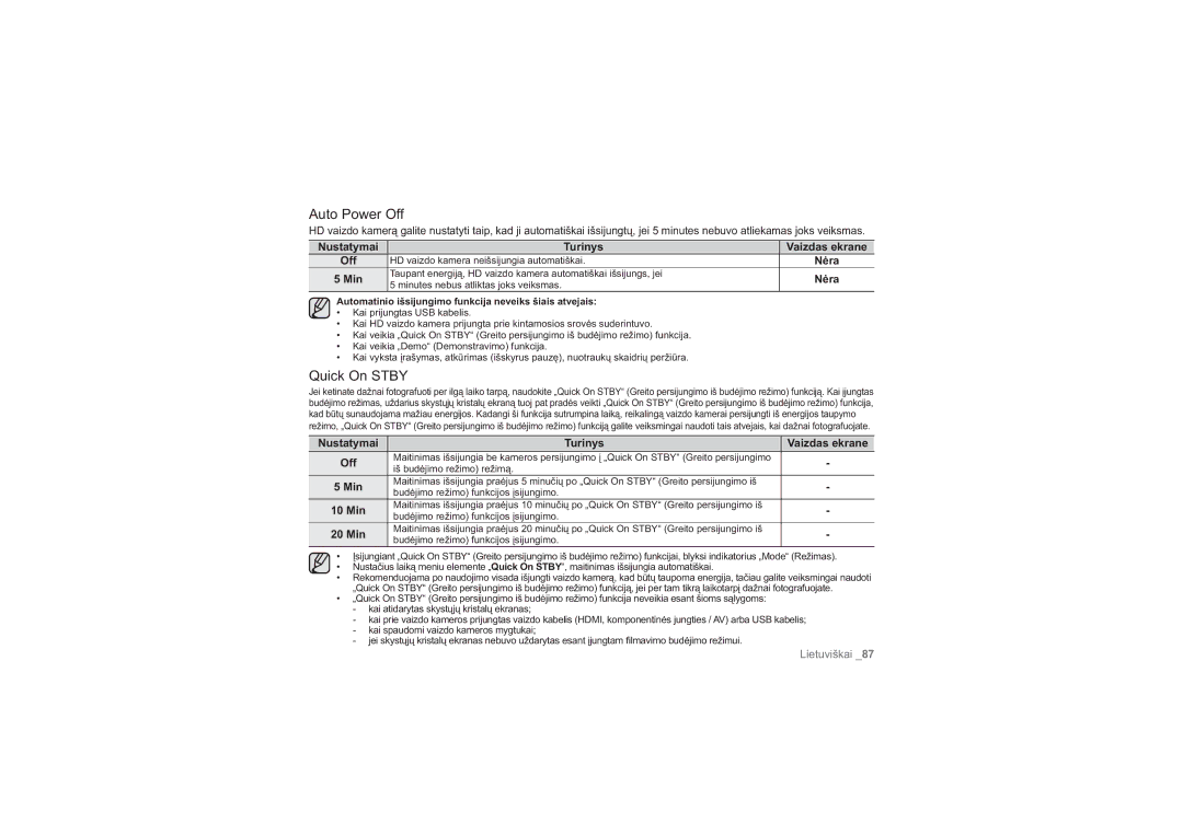 Samsung HMX-H100P/XEB, HMX-H104BP/XEB manual Auto Power Off, Quick On Stby, 10 Min, 20 Min 