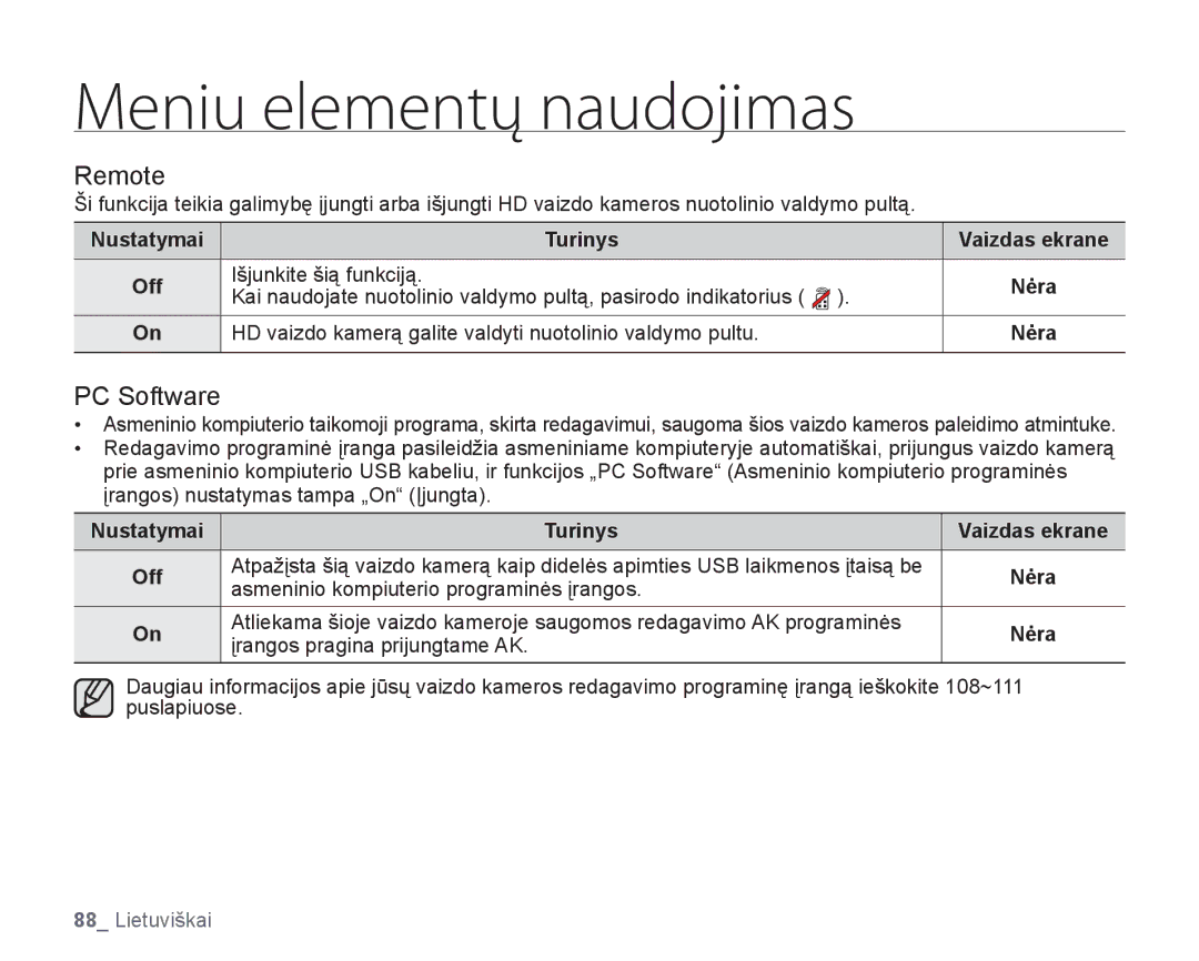 Samsung HMX-H104BP/XEB, HMX-H100P/XEB manual Meniu elementų naudojimas 