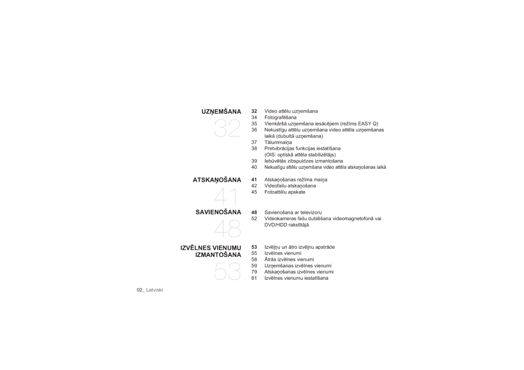 Samsung HMX-H104BP/XEB, HMX-H100P/XEB manual Uzņemšana, Atskaņošana Savienošana, Izvēlnes Vienumu, Izmantošana 