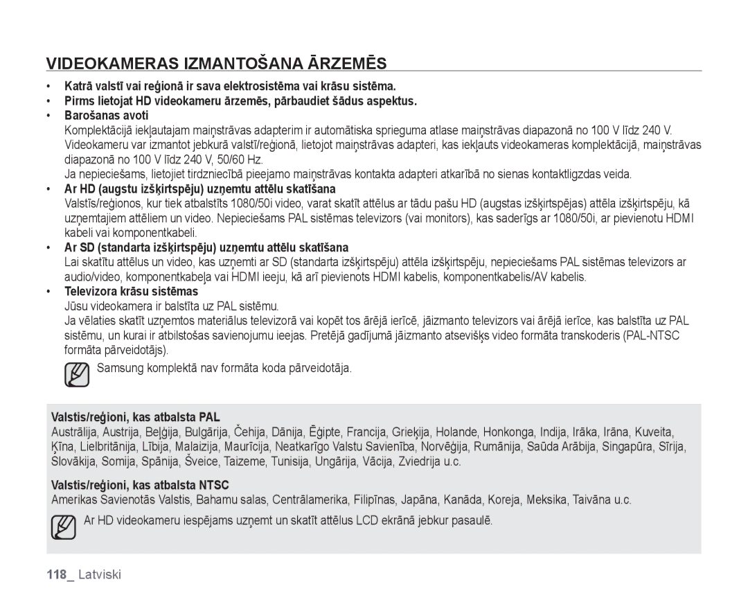 Samsung HMX-H104BP/XEB, HMX-H100P/XEB manual Videokameras Izmantošana Ārzemēs 