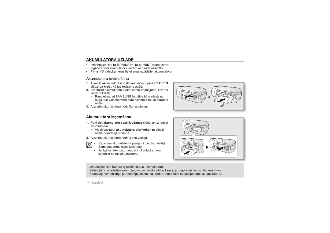 Samsung HMX-H104BP/XEB, HMX-H100P/XEB manual Akumulatora Uzlāde, Akumulatora ievietošana 