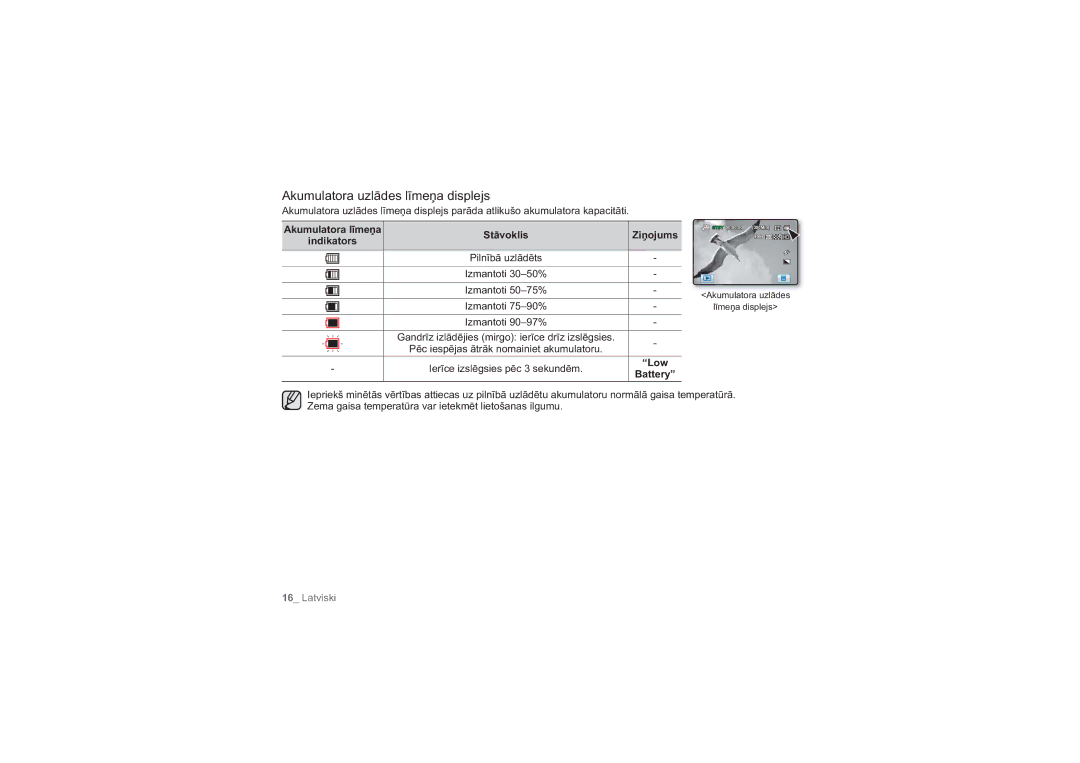 Samsung HMX-H104BP/XEB, HMX-H100P/XEB manual Akumulatora uzlādes līmeņa displejs 