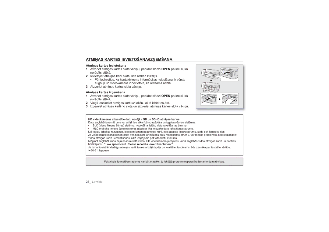 Samsung HMX-H104BP/XEB manual Atmiņas Kartes IEVIETOŠANA/IZŅEMŠANA, Atmiņas kartes ievietošana, Atmiņas kartes izņemšana 