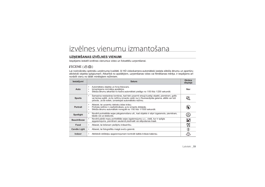 Samsung HMX-H100P/XEB, HMX-H104BP/XEB manual Uzņemšanas Izvēlnes Vienumi, Scene, Iestatījumi Saturs Ekrāna, Nav, Indoor 