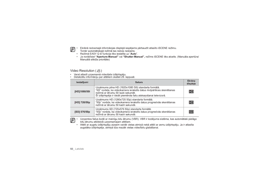 Samsung HMX-H104BP/XEB, HMX-H100P/XEB manual Video Resolution, HD1080/50i, HD 720/50p 