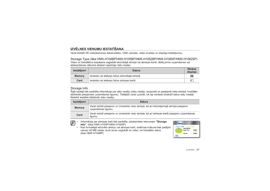 Samsung HMX-H100P/XEB manual Izvēlnes Vienumu Iestatīšana, Storage Info, Ieraksta vai atskaņo failus atmiņas kartē 