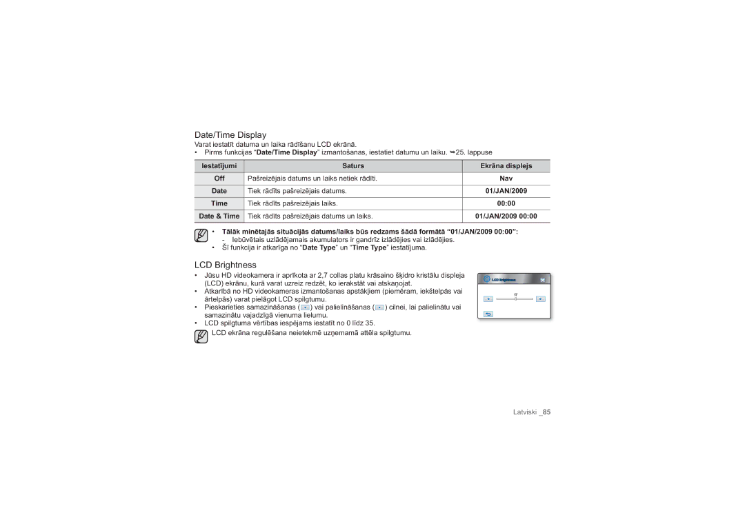 Samsung HMX-H100P/XEB, HMX-H104BP/XEB Date/Time Display, LCD Brightness, Pašreizējais datums un laiks netiek rādīti Nav 