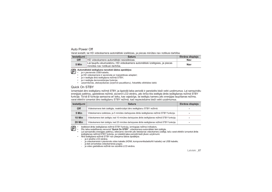 Samsung HMX-H100P/XEB, HMX-H104BP/XEB manual Auto Power Off, Quick On Stby, HD videokamera automātiski neizslēdzas Nav 