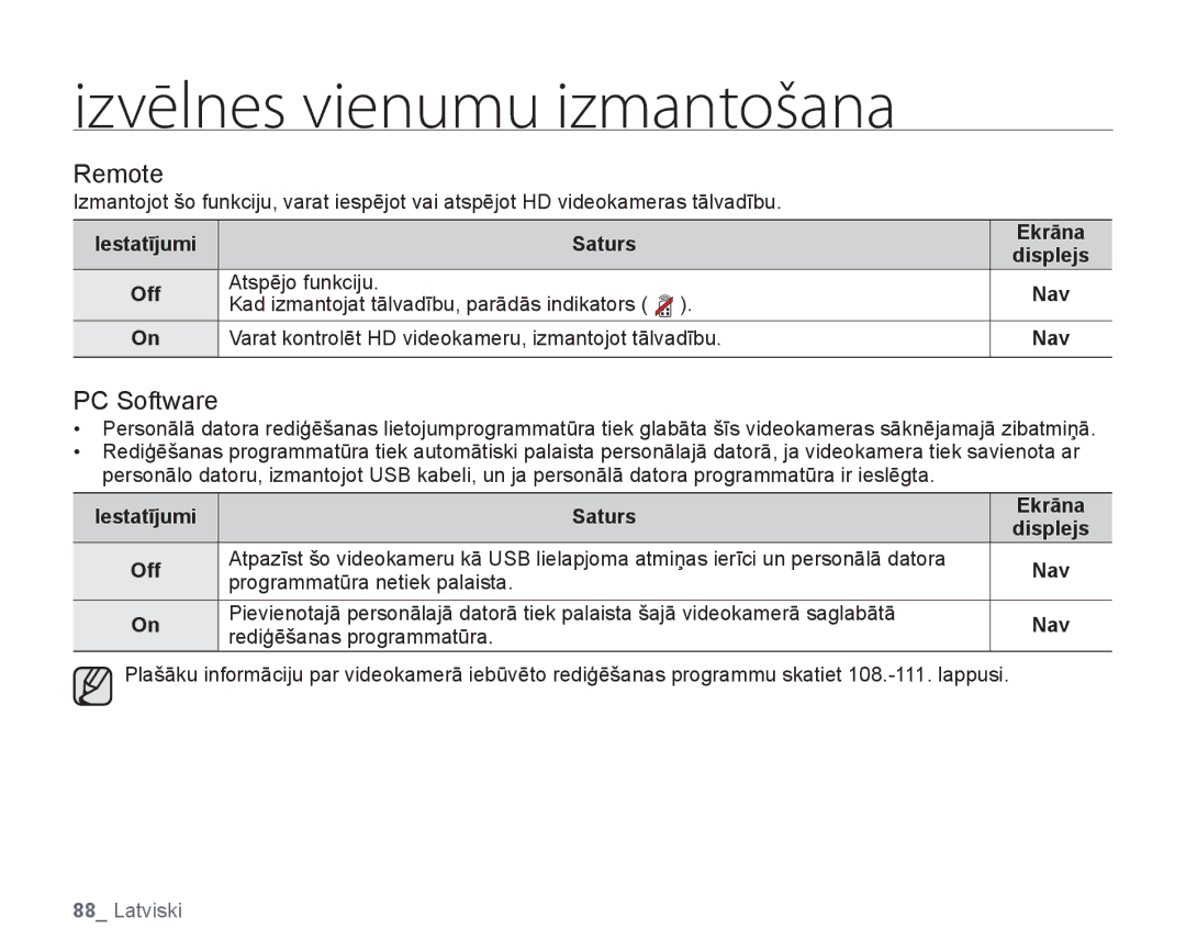 Samsung HMX-H104BP/XEB, HMX-H100P/XEB manual Izvēlnes vienumu izmantošana 