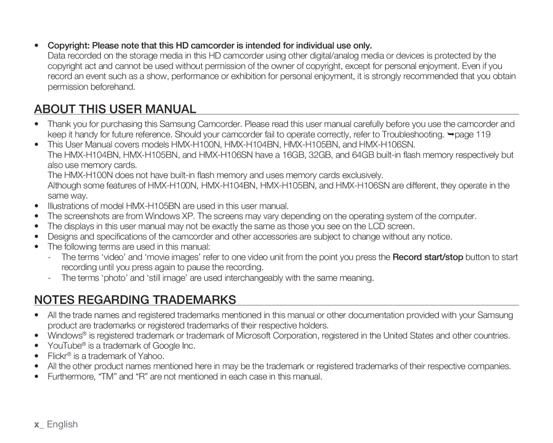 Samsung HMX-H100N, HMX-H105BN, HMX-H106SN, HMX-H104BN user manual English 