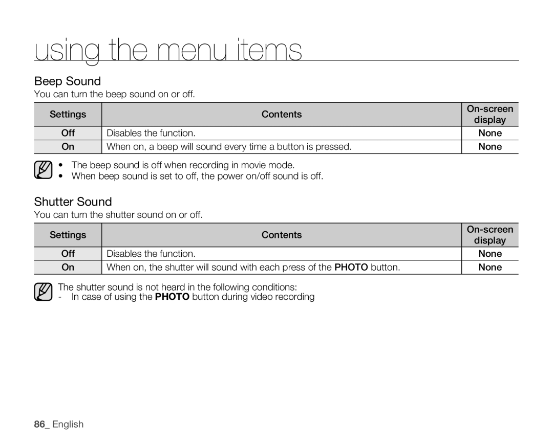 Samsung HMX-H105BN, HMX-H106SN Beep Sound, Shutter Sound, You can turn the beep sound on or off Settings Contents 