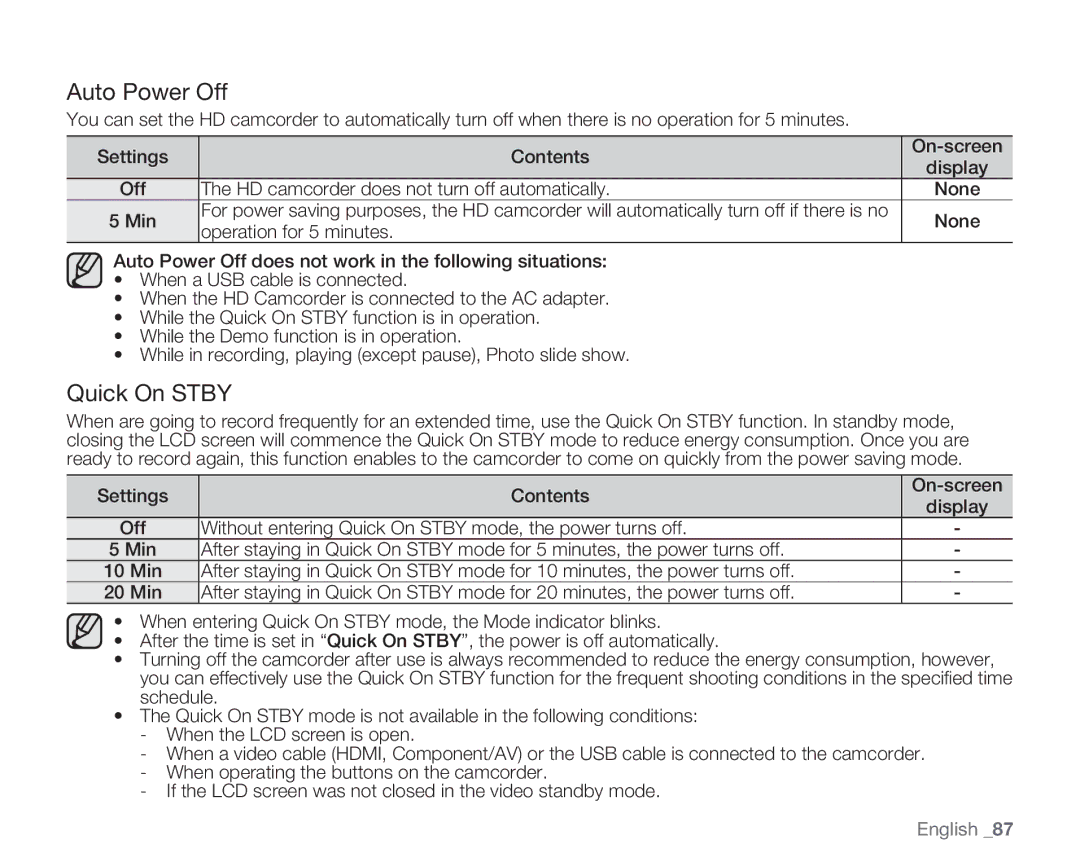 Samsung HMX-H106SN, HMX-H105BN Auto Power Off, Quick On Stby, HD camcorder does not turn off automatically None Min 