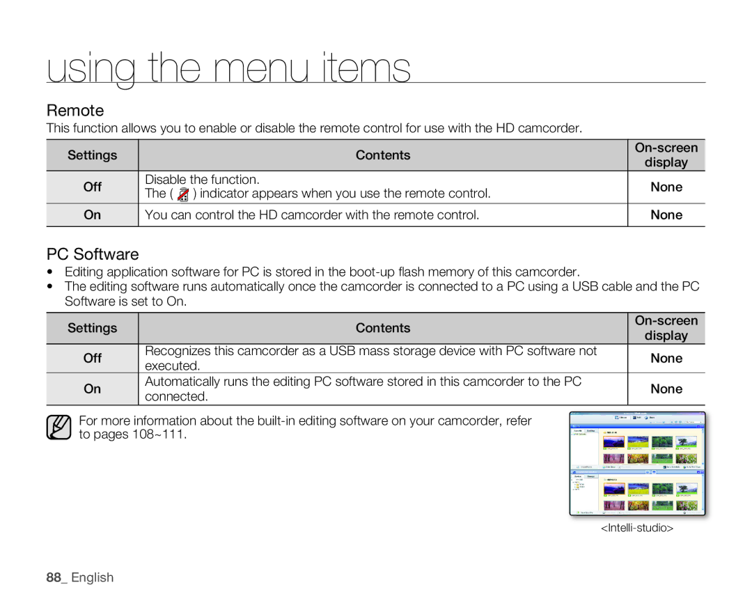 Samsung HMX-H100N, HMX-H105BN, HMX-H106SN, HMX-H104BN user manual Remote, PC Software, On-screen Display None 