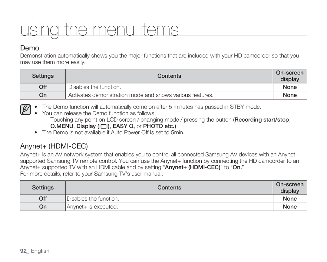 Samsung HMX-H100N, HMX-H105BN, HMX-H106SN, HMX-H104BN user manual Demo, Anynet+ HDMI-CEC, Anynet+ is executed 