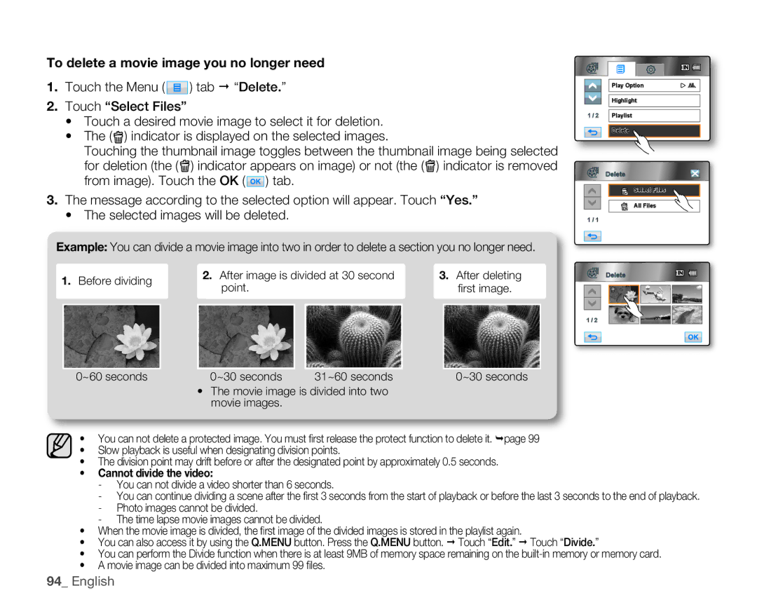 Samsung HMX-H105BN, HMX-H106SN, HMX-H100N, HMX-H104BN user manual To delete a movie image you no longer need 