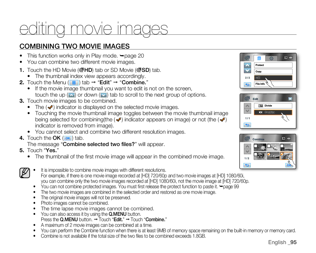 Samsung HMX-H106SN, HMX-H105BN, HMX-H100N, HMX-H104BN user manual Combining TWO Movie Images 