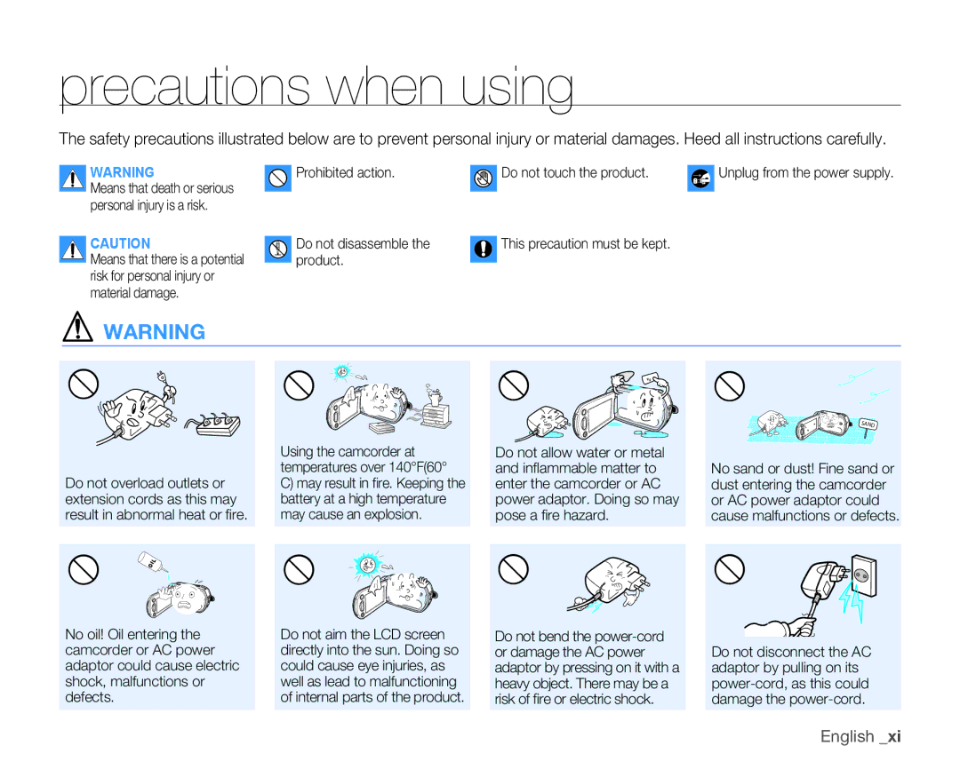 Samsung HMX-H104BN, HMX-H105BN, HMX-H106SN Precautions when using, Product Risk for personal injury or Material damage 