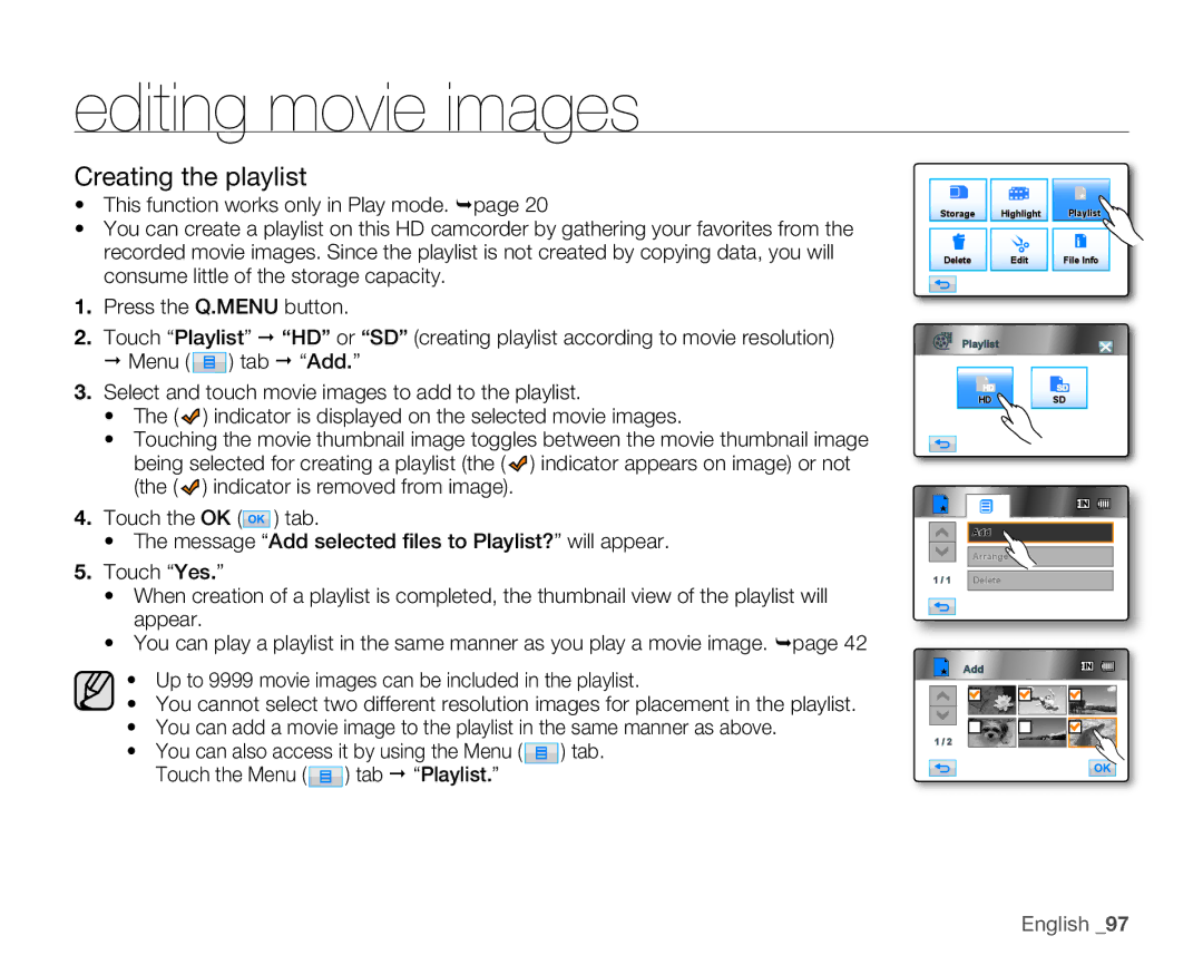 Samsung HMX-H104BN, HMX-H105BN, HMX-H106SN, HMX-H100N user manual Creating the playlist 