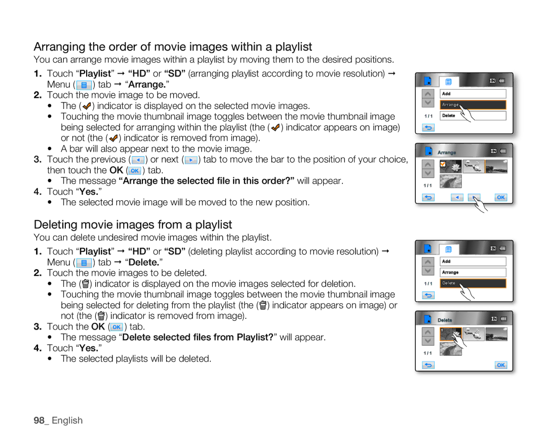 Samsung HMX-H105BN, HMX-H100N Arranging the order of movie images within a playlist, Deleting movie images from a playlist 