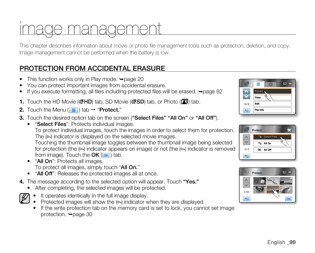 Samsung HMX-H106SN, HMX-H105BN, HMX-H100N, HMX-H104BN user manual Image management, Protection from Accidental Erasure 