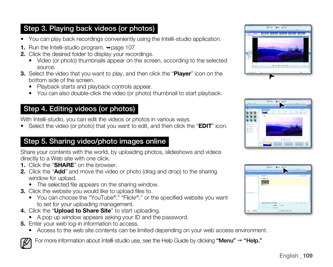 Samsung HMX-H104BN, HMX-H105BN, HMX-H106SN, HMX-H100N user manual Playing back videos or photos 