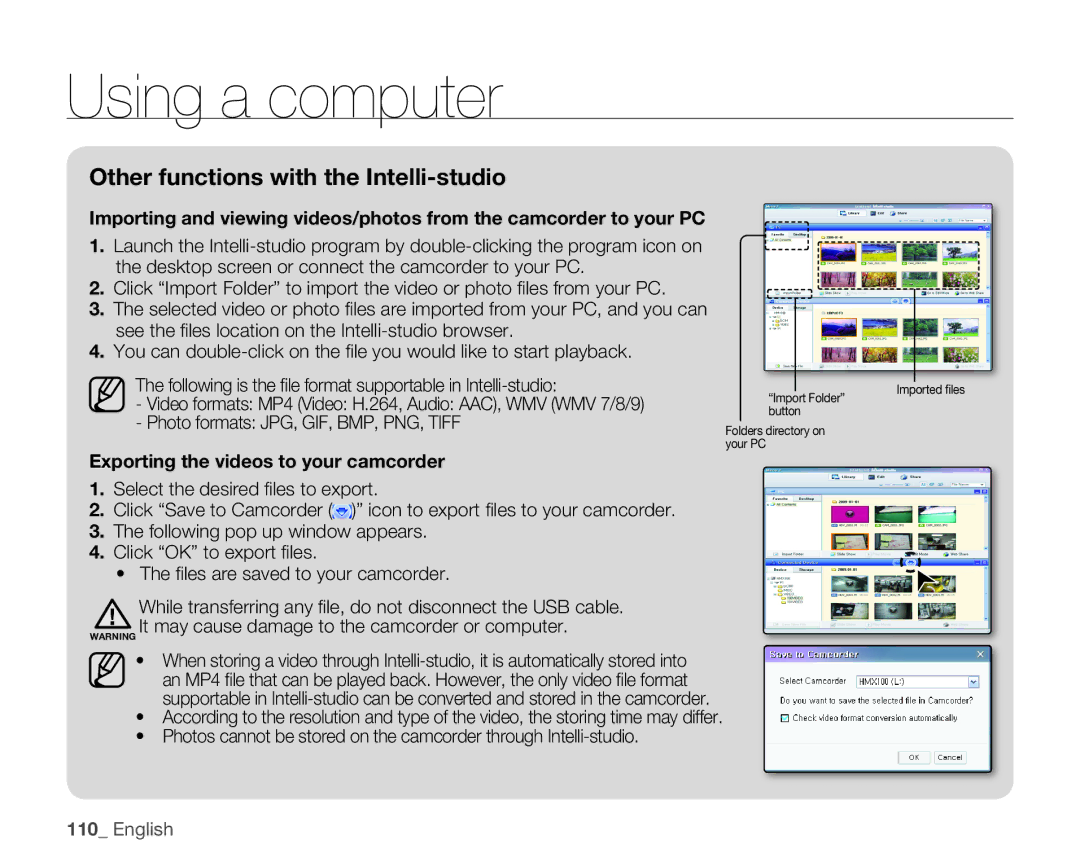 Samsung HMX-H105BN, HMX-H106SN, HMX-H100N, HMX-H104BN user manual Other functions with the Intelli-studio 