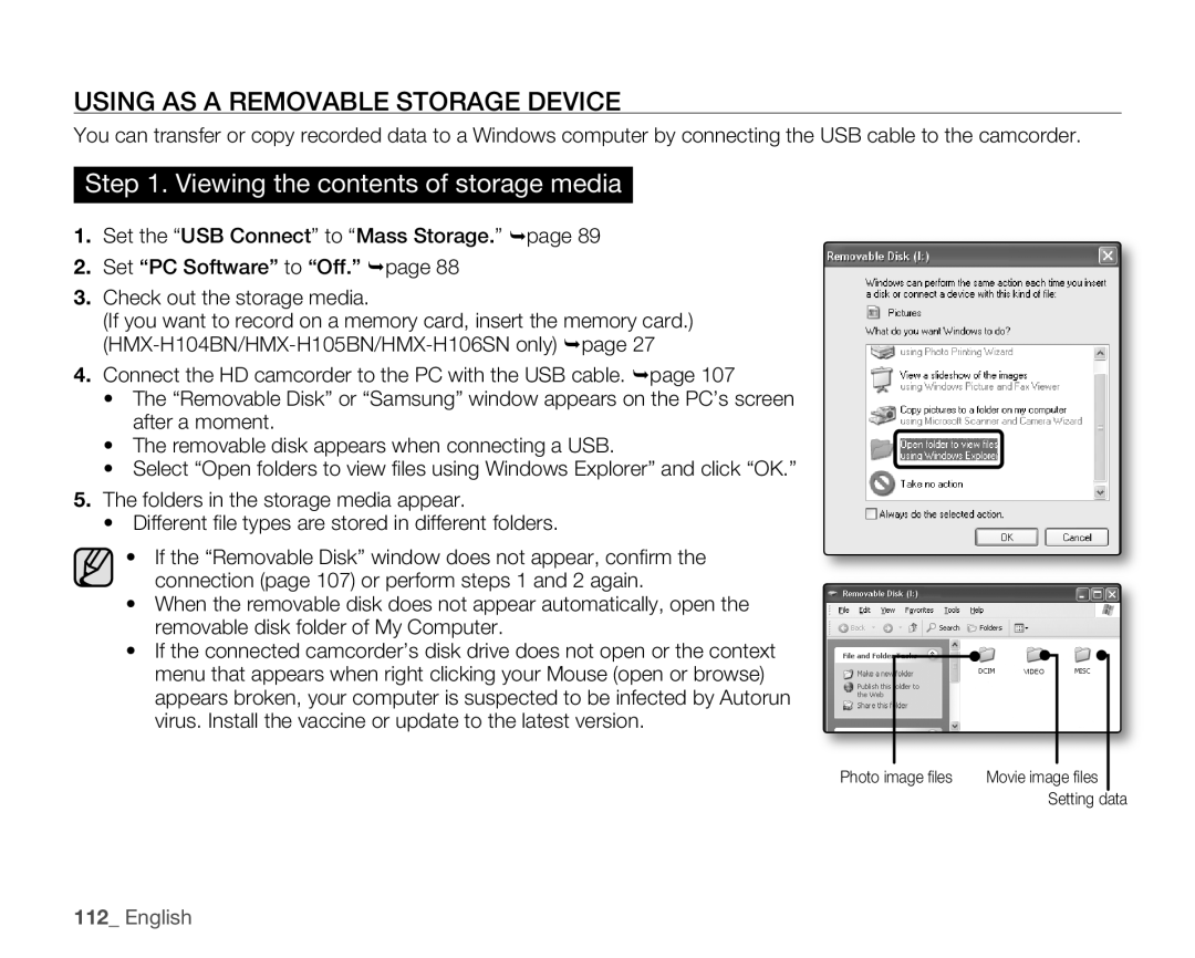 Samsung HMX-H100N, HMX-H105BN, HMX-H106SN Using AS a Removable Storage Device, Viewing the contents of storage media 