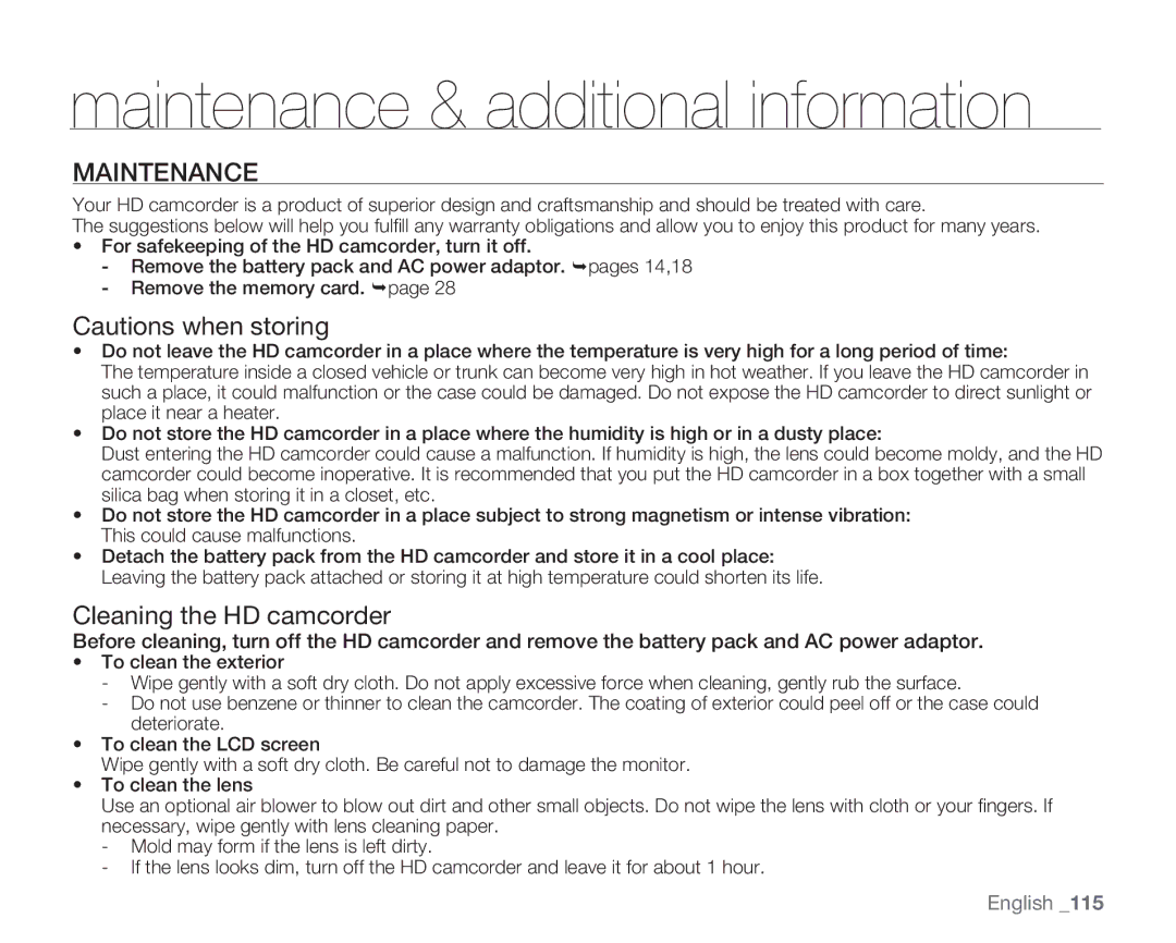 Samsung HMX-H106SN, HMX-H105BN, HMX-H100N, HMX-H104BN Maintenance & additional information, Cleaning the HD camcorder 