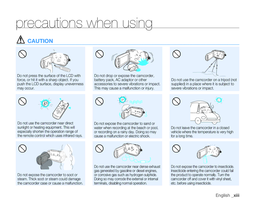 Samsung HMX-H106SN, HMX-H105BN, HMX-H100N, HMX-H104BN user manual Precautions when using 