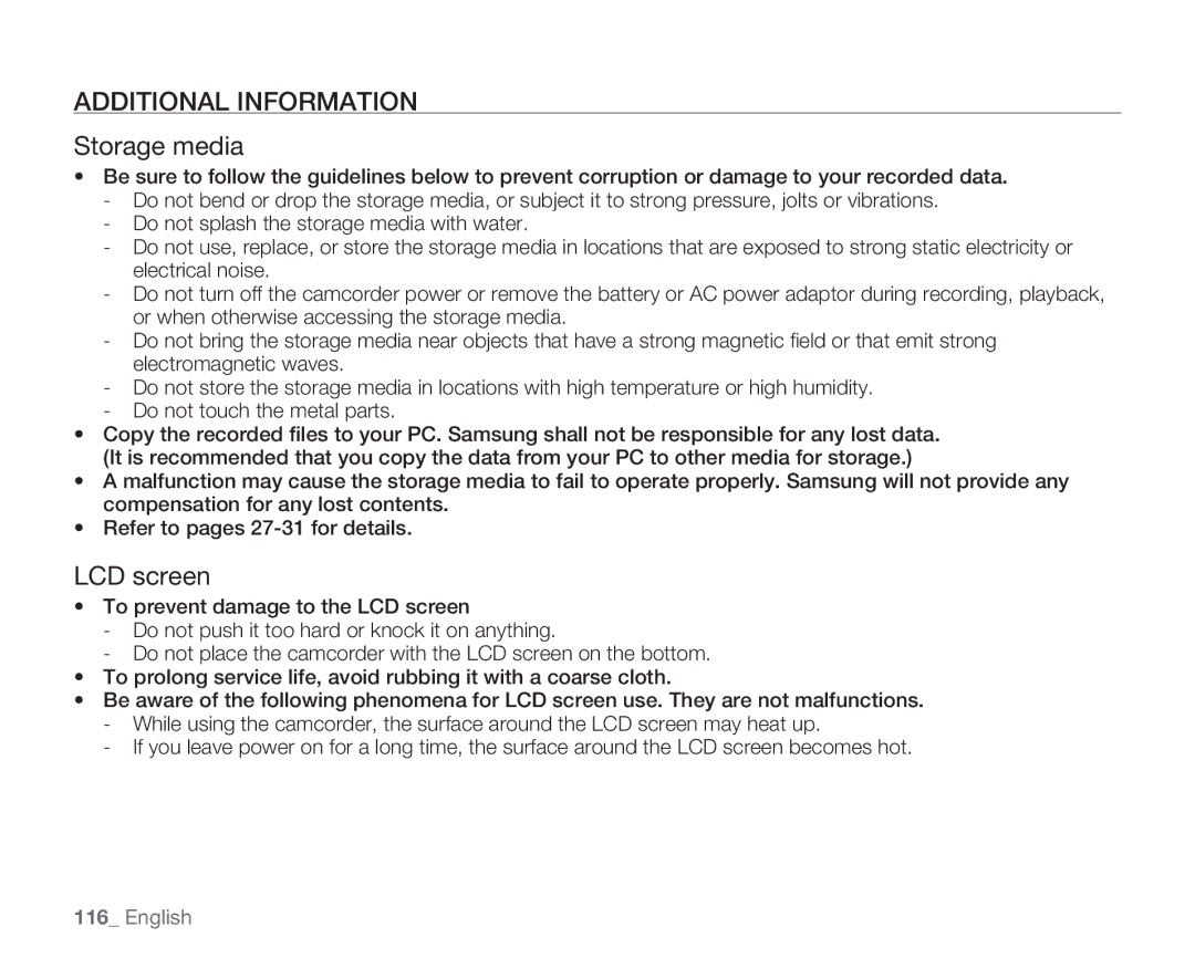 Samsung HMX-H100N, HMX-H105BN, HMX-H106SN, HMX-H104BN user manual Additional Information, Storage media, LCD screen 