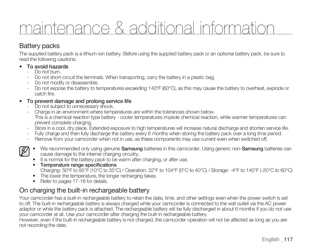 Samsung HMX-H104BN, HMX-H105BN, HMX-H106SN Battery packs, On charging the built-in rechargeable battery, To avoid hazards 