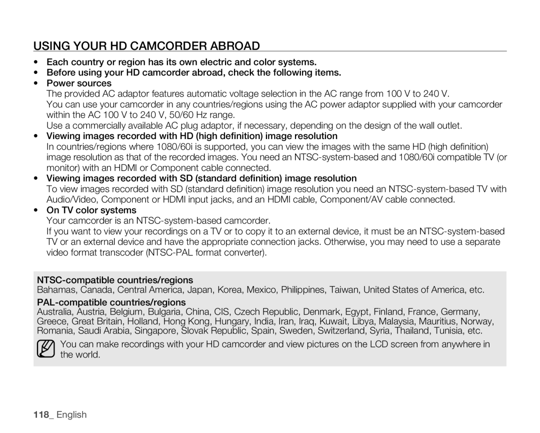 Samsung HMX-H105BN, HMX-H106SN, HMX-H100N, HMX-H104BN user manual Using Your HD Camcorder Abroad 