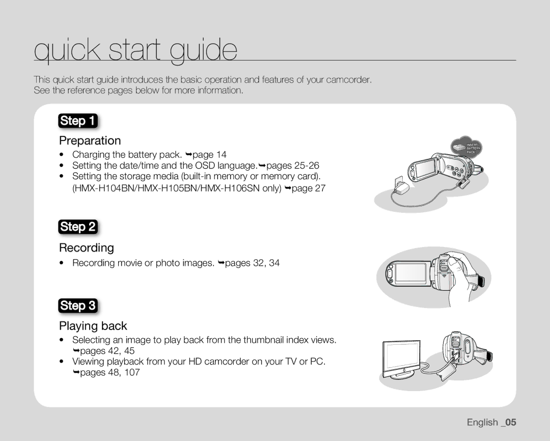 Samsung HMX-H104BN, HMX-H100N Quick start guide, Preparation, Playing back, Recording movie or photo images. pages 32 