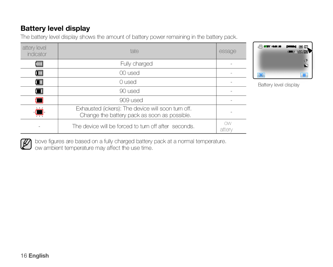 Samsung HMX-H100N, HMX-H105BN, HMX-H106SN, HMX-H104BN Battery level display, Battery level State Message Indicator, Low 