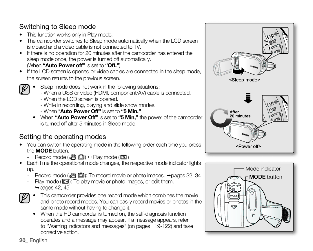 Samsung HMX-H100N, HMX-H105BN, HMX-H106SN Switching to Sleep mode, Setting the operating modes, Mode indicator Mode button 