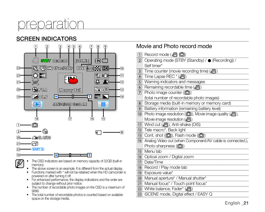 Samsung HMX-H104BN, HMX-H105BN, HMX-H106SN, HMX-H100N user manual Screen Indicators, Movie and Photo record mode 