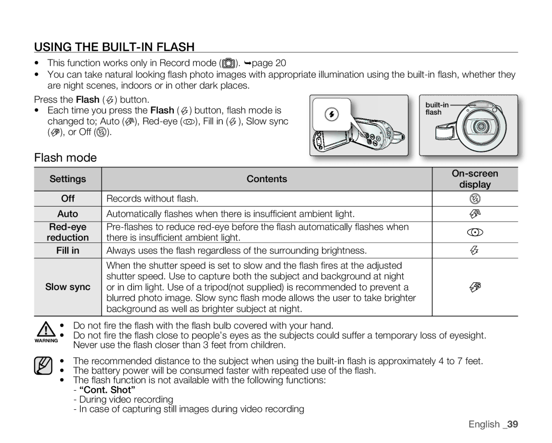 Samsung HMX-H106SN, HMX-H105BN, HMX-H100N, HMX-H104BN user manual Using the BUILT-IN Flash, Flash mode 