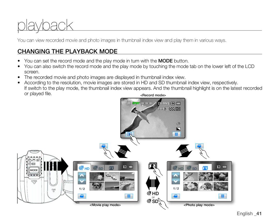 Samsung HMX-H104BN, HMX-H105BN, HMX-H106SN, HMX-H100N user manual Changing the Playback Mode 