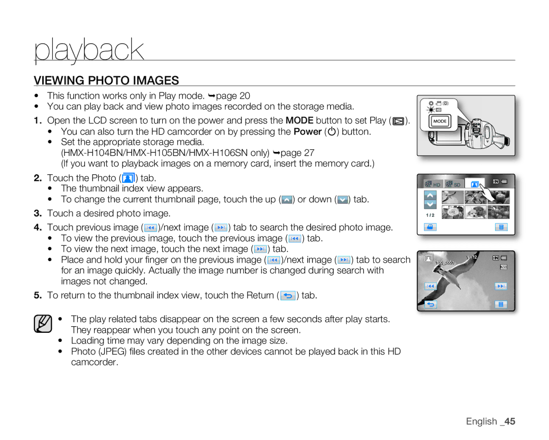 Samsung HMX-H104BN, HMX-H105BN, HMX-H106SN, HMX-H100N user manual Viewing Photo Images 