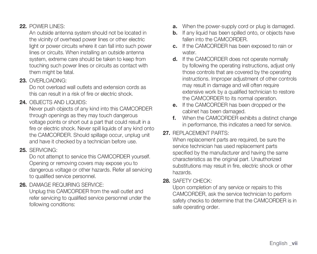 Samsung HMX-H104BN, HMX-H105BN, HMX-H106SN, HMX-H100N user manual Power Lines 