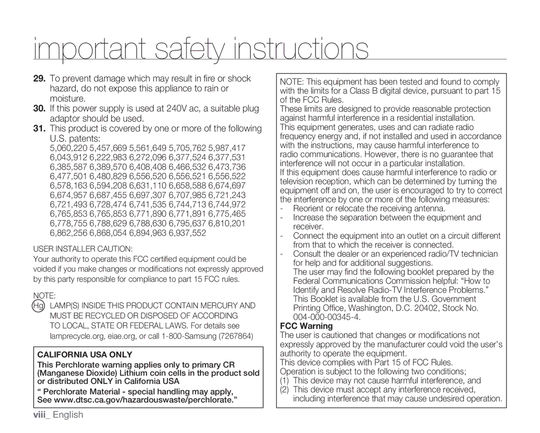 Samsung HMX-H105BN, HMX-H106SN, HMX-H100N, HMX-H104BN user manual Viii English 