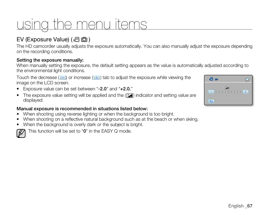 Samsung HMX-H106SN, HMX-H105BN, HMX-H100N, HMX-H104BN user manual EV Exposure Value 