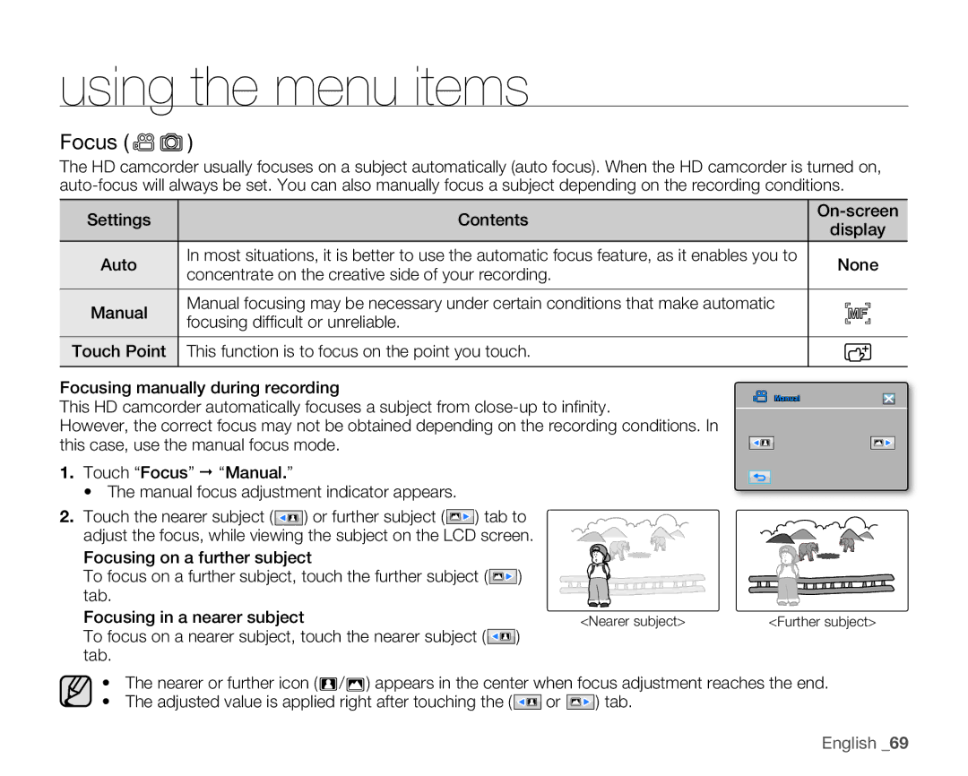 Samsung HMX-H104BN Focus, Settings Contents On-screen Display Auto, Concentrate on the creative side of your recording 